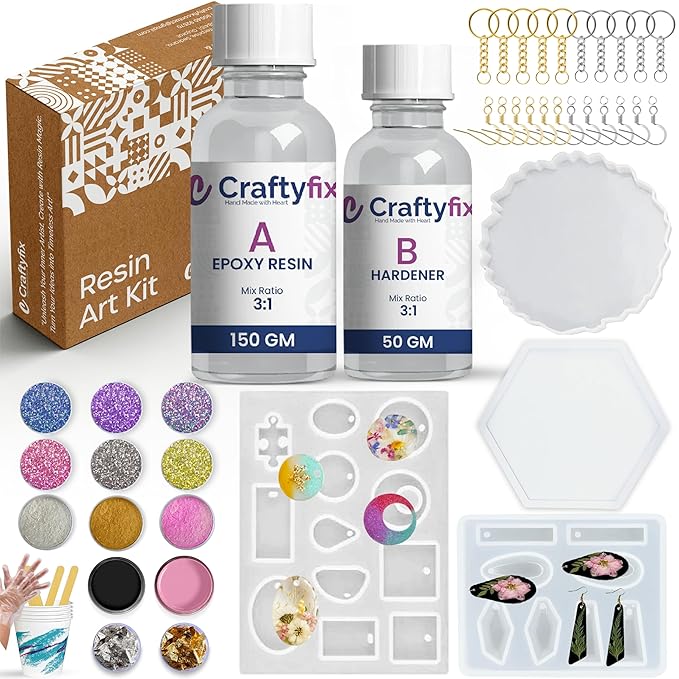 Craftyfix Resin Art Kit with Moulds – Kit for Keychain & Coaster Making | Includes Keychain, Earring & Coaster Moulds, 200g 3:1 Resin, Glitters, Mica Powder, Pigments & Tools