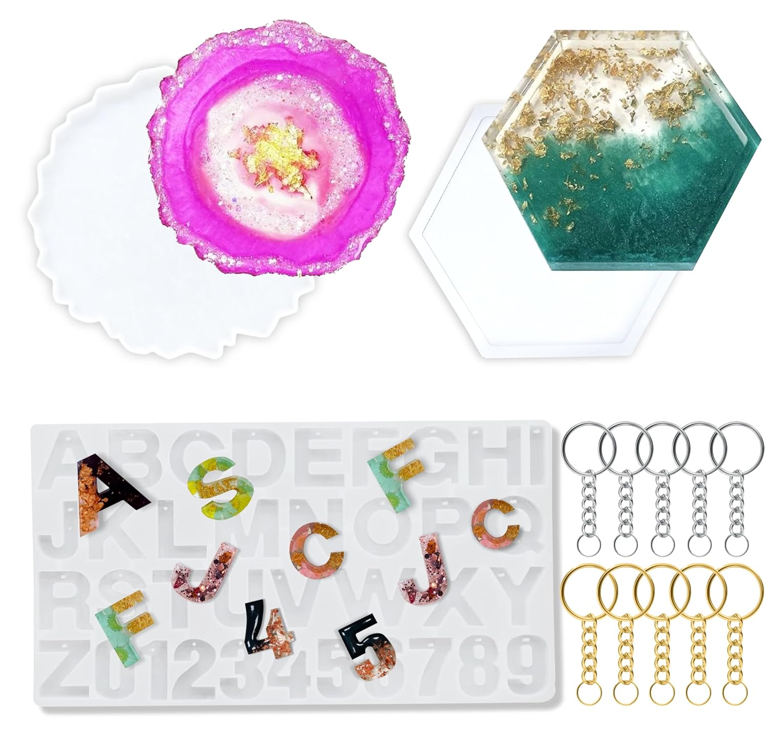 Craftyfix Moulds for Resin Art – Alphabet & Coaster Silicone Molds Set, Big Size Molds for Keychain, Earrings, Pendants, Jewelry Making, Craft Materials Combo