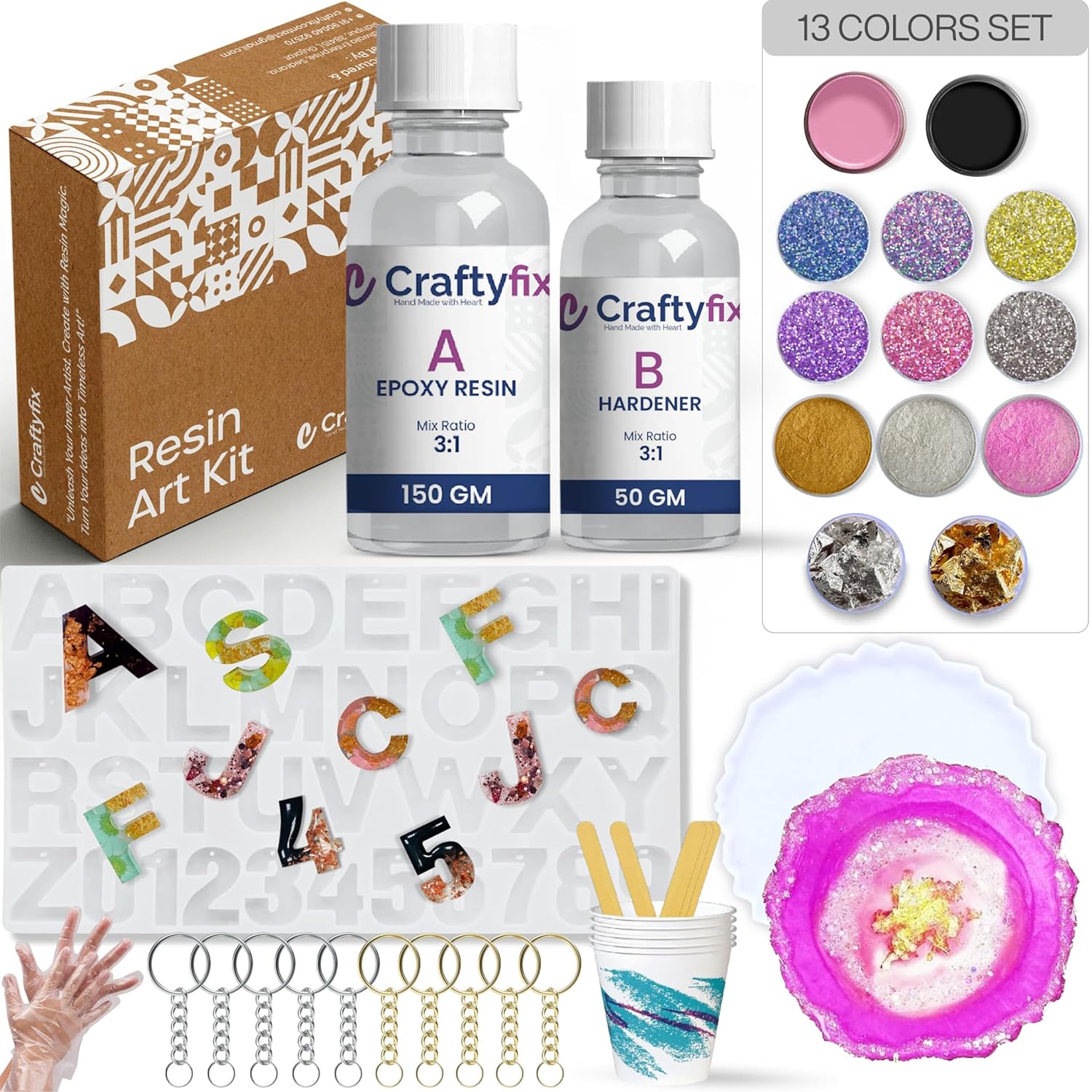 Craftyfix Resin Art Kit with Moulds – DIY Resin Kit for Keychain & Coaster Making – Includes ABCD Mould, Coaster Mould, Resin, Glitters, Mica & More