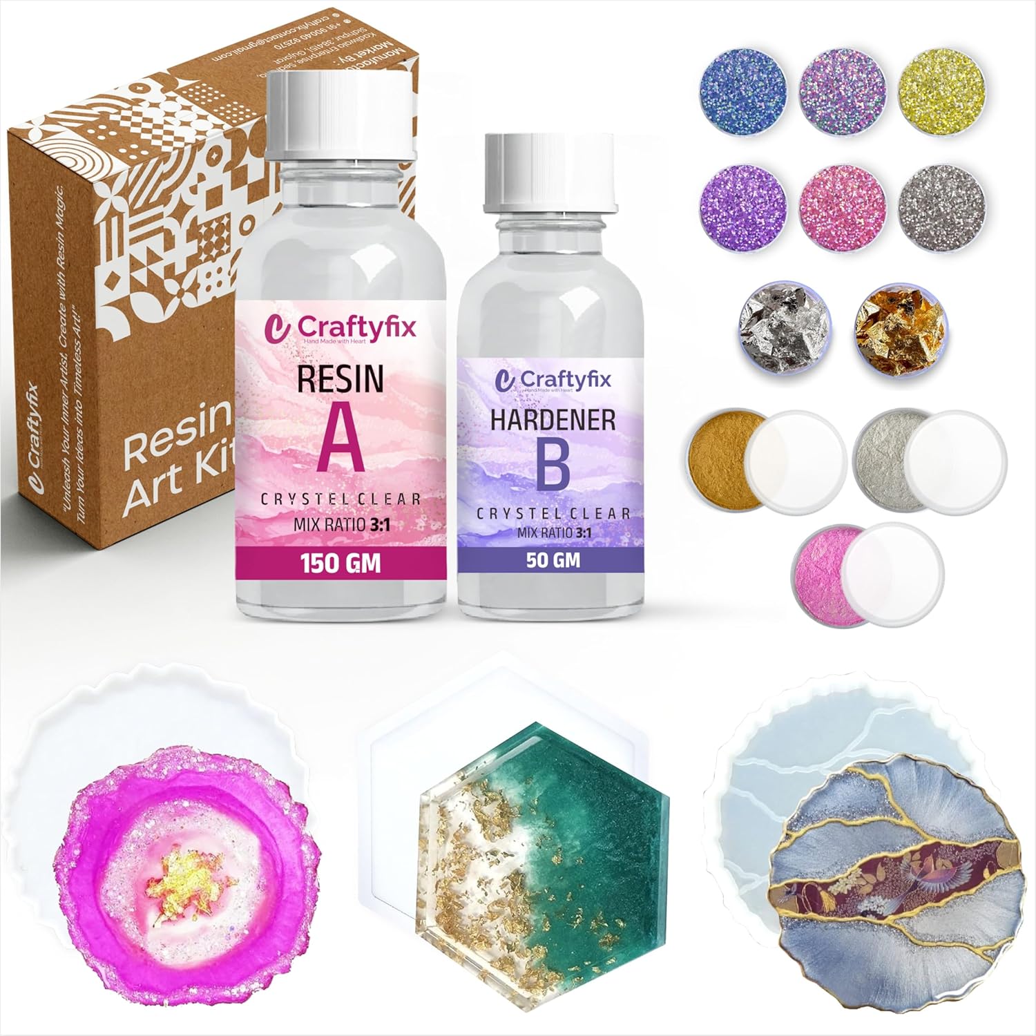 Craftyfix Rasin Art Kit with Moulds – Complete Resin Art Set with 200g Crystal Clear Resin, 3 Coaster Molds, Glitter, Mica Powder & Tools – Perfect DIY Rasin Art Kit for Beginners