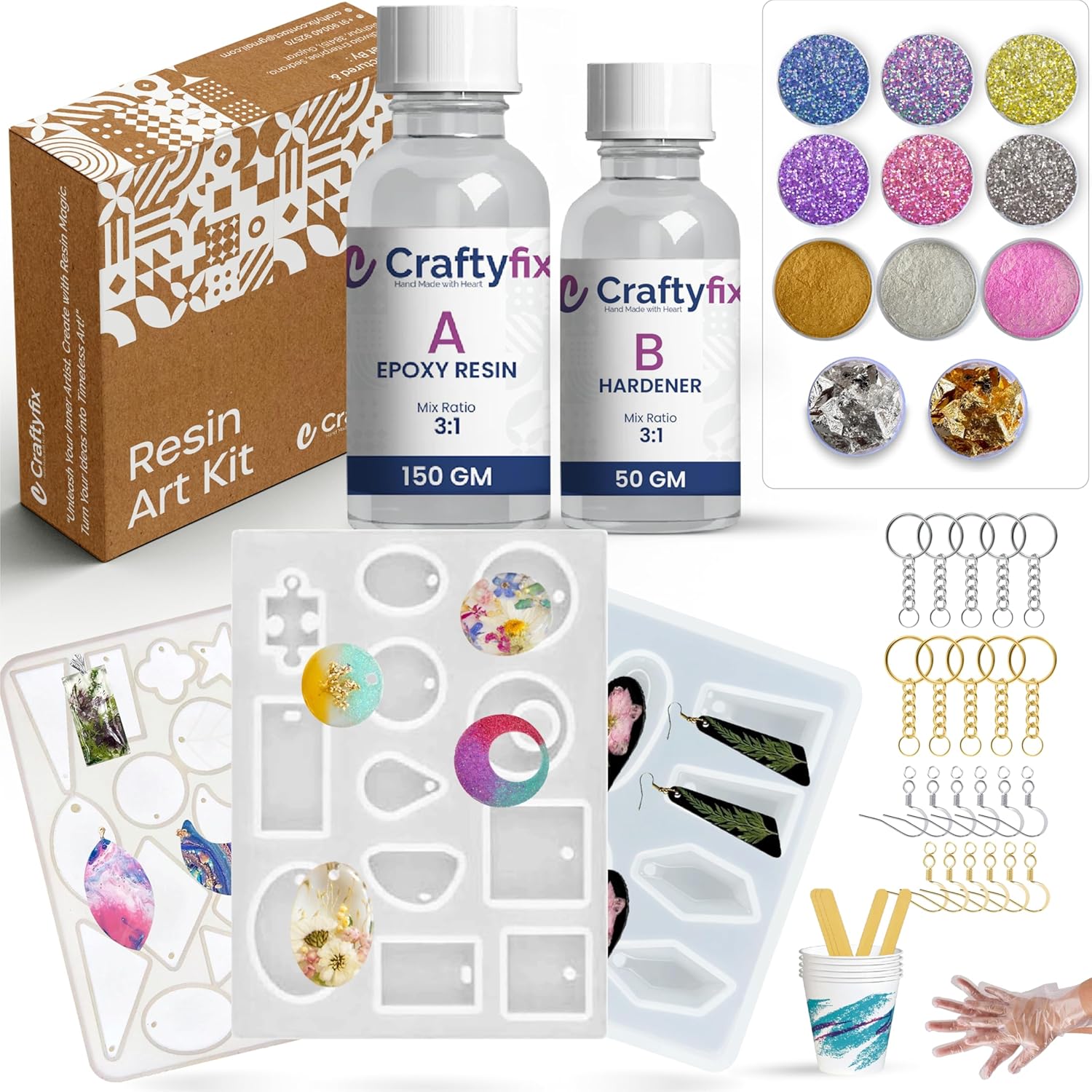 Craftyfix DIY Resin Art Kit with 200 Gm Resin and 3 Keychain Earring Making Mould Kit with Glitter Mica and More, Multicolour